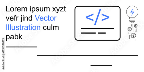 Web development, innovation, programming, coding education, digital technology, creative solutions. A coding symbol with a light bulb and text elements. Web development and innovation concepts