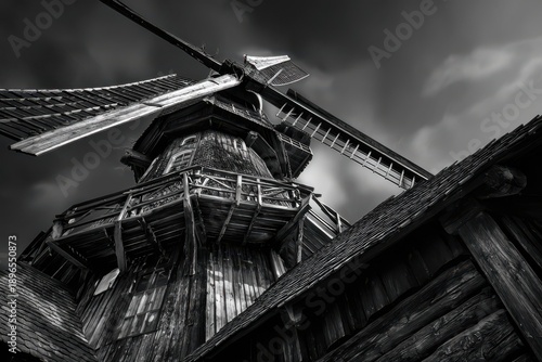 A windmill with a distinctly old European architectural style