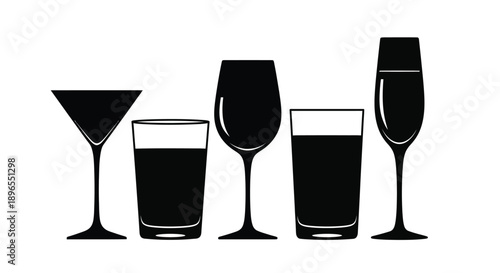 Four different glasses arranged in a row black silhouette