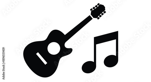 Acoustic guitar and musical notes in a striking black silhouette