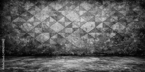 An empty interior room featuring a dark aged concrete wall texture with a rough gray cement surface and vintage grunge patterns on a dirty stone floor