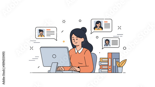 Asian female adult working on computer with virtual communication icons