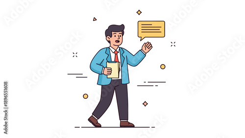 Young caucasian male professional presenting with notepad and speech bubble