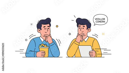 Young male characters in thoughtful pose with popcorn and tablet