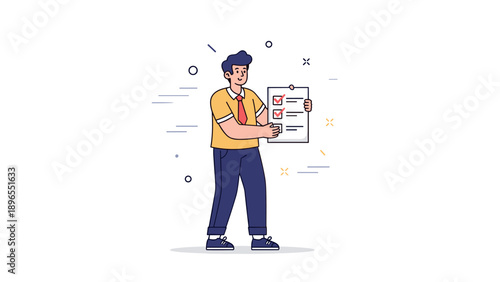 Young caucasian male cartoon character holding checklist
