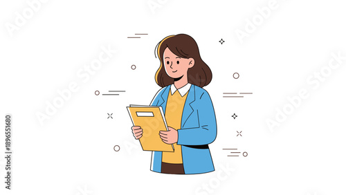 Young caucasian female cartoon character reading document in blue jacket