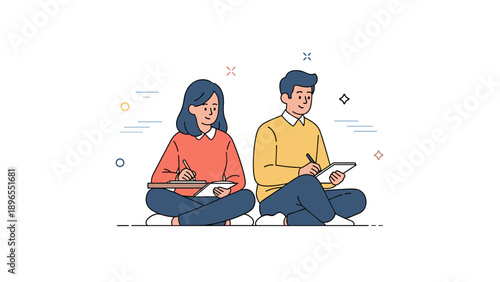 Young asian male and female drawing together in casual outfits