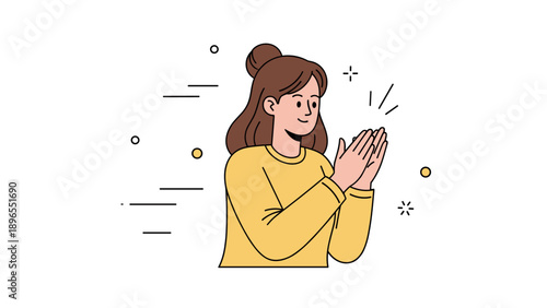 Female cartoon character clapping in yellow sweater with cheerful expression