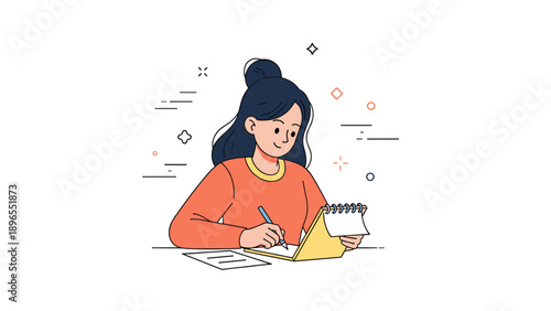 Young asian female writing in notebook with focused expression cartoon illustration