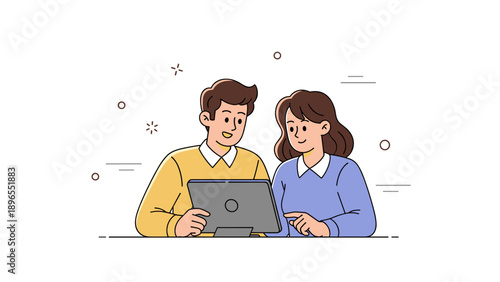 Young caucasian male and female collaborating on tablet