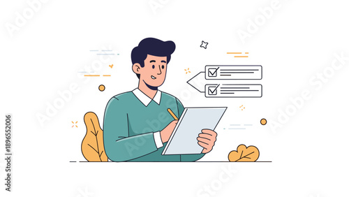 Asian male adult completing checklist with clipboard and pencil