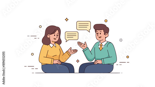 Cartoon illustration of two adults engaged in conversation with speech bubbles