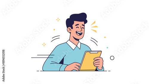 Happy young caucasian male reading on tablet illustration