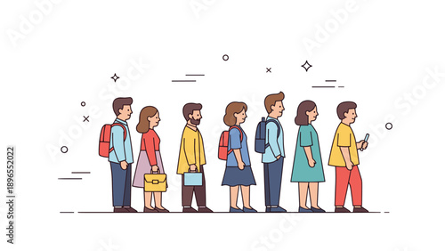 Diversity in business illustration of standing caucasian and hispanic adults in queue