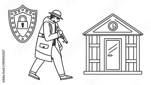 Security guard patrolling near bank - in trendy line style, line icons set, media, website, blog, content, web icon set, Vector illustration