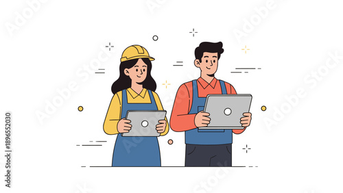 Female and male characters in overalls holding laptops