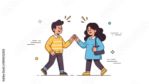 Young hispanic male and female high-fiving, vector art, casual style