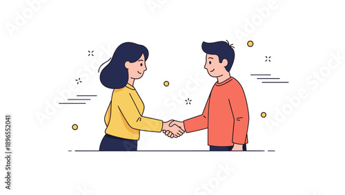 Smiling caucasian young male and female handshake in minimalist cartoon style