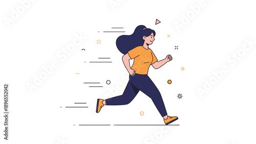 Illustration of a young caucasian female runner in motion with geometric elements