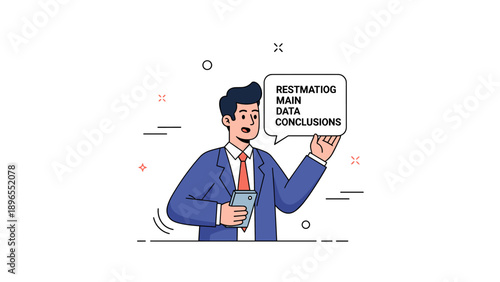 Young caucasian male professional presenting data with tablet and speech bubble