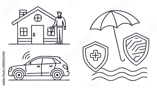 Secure home and auto insurance - in trendy line style, line icons set, media, website, blog, content, web icon set, Vector illustration