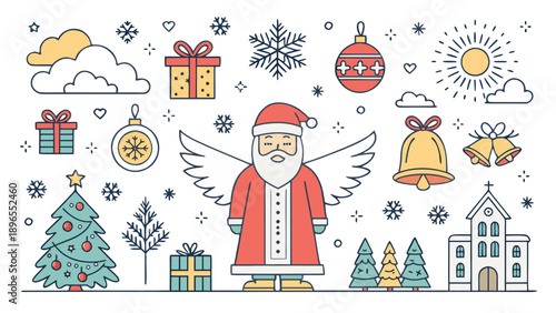 Whimsical holiday scene with santa claus - in trendy line style, line icons set, media, website, blog, content, web icon set, Vector illustration