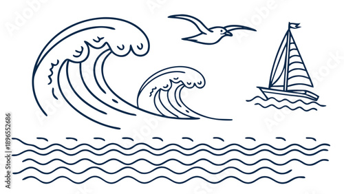 Seagull flying over ocean waves with sailboat - in trendy line style, line icons set, media, website, blog, content, web icon set, Vector illustration