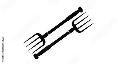 Two pitchforks crossed creating a stark visual silhouette