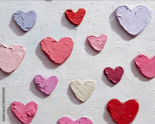 an oil painting of pastel little hearts including pastel pink and red hearts vintage paintery finish warm off white background vintage muted tone.j