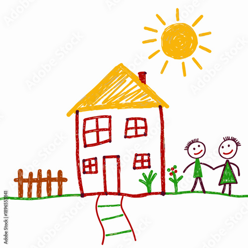 Colorful Childlike Drawing of a Cheerful House with Two Smiling Stick Figures Holding Hands Under a Bright Sun and Surrounded by Simple Nature