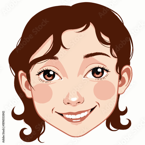 Smiling Cartoon Character with Brown Hair and Rosy Cheeks Displaying a Happy Expression and Big Eyes with a Playful Hairstyle on a White Background