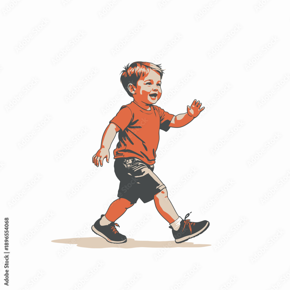 Obraz premium Smiling Child Joyfully Walking in Casual Attire with Orange Shirt and Blue Shoes on a White Background