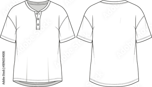 Henley shirt sketch, short sleeve, round neckline, button placket, casual apparel, garment construction, clothing design, textile fashion, stylish icon, flat vector illustration
