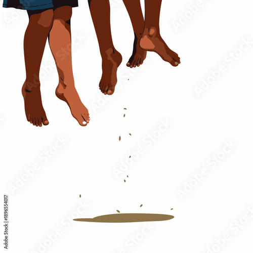 Captivating Artistic Illustration of Two Barefoot Individuals in Vibrant Colored Garments with Falling Sand Cast Against a Clean White Background