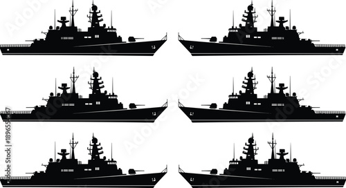Naval warship silhouettes, military vessels, destroyers, frigates, radar domes, gun turrets, navy fleet, defense icons, maritime security, flat vector illustration