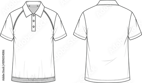 Polo shirt sketch, short sleeve, raglan seam, button placket, classic collar, casual apparel, garment construction, clothing design, textile fashion, flat vector illustration