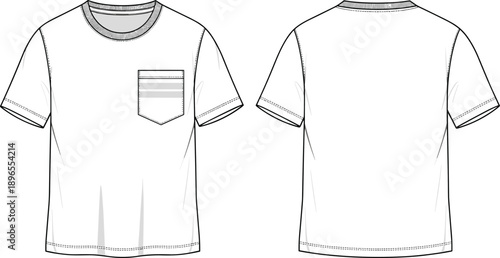 Short sleeve T‑shirt, round neckline, chest pocket, striped detail, casual apparel, garment sketch, clothing design, textile fashion, stylish icon, flat vector illustration