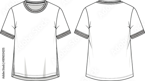 Short sleeve T‑shirt, ribbed neckline, striped cuffs, sporty design, casual apparel, garment sketch, clothing construction, textile fashion, stylish icon, flat vector illustration