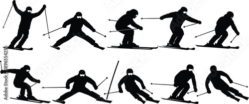 Skier silhouettes, downhill skiing, slalom poses, snow sport icons, winter athlete, ski jump, snowplow stance, alpine motion, extreme sport, flat vector illustration