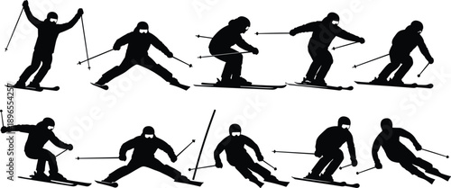 Skier silhouettes, snowplow stance, parallel skiing, carving turns, slalom technique, winter sports icons, alpine athlete, ski motion, slope action, flat vector illustration