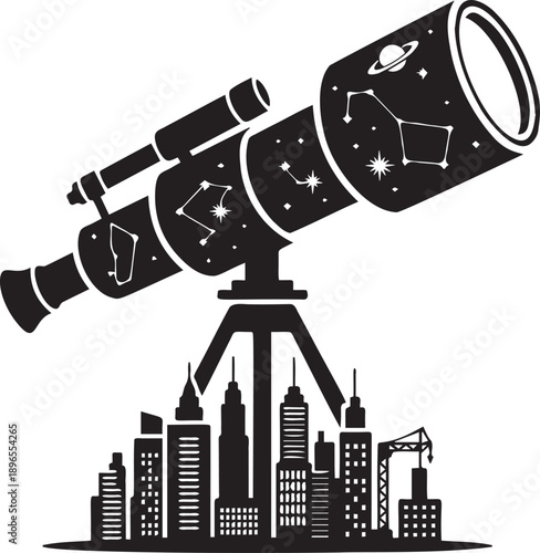 Modern telescope silhouette pointing at night sky over city skyline