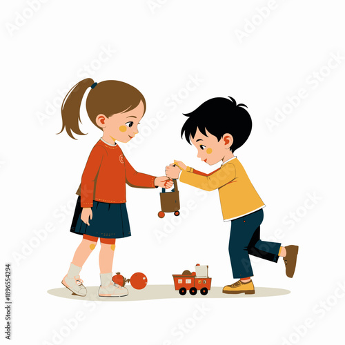 Two Children Playing Happily with Toys and Sharing Joyful Moments in a Bright and Cheerful Setting