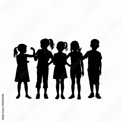 Silhouette of Five Children Interacting in a Group, Showcasing Playful and Social Behaviors in a Fun and Engaging Setting