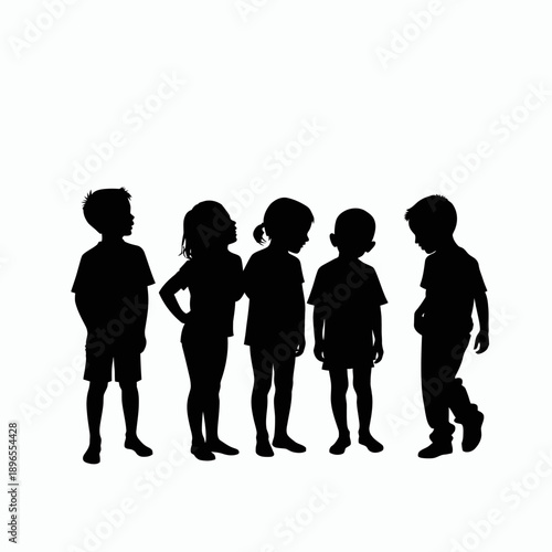 Silhouetted group of children standing together in a casual gathering, highlighting various postures and interactions in a minimalistic artistic representation