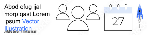 Team collaboration, project management, innovation, event planning, agenda setting, entrepreneurship. Group icons next to a calendar and rocket. Team collaboration and project management concept