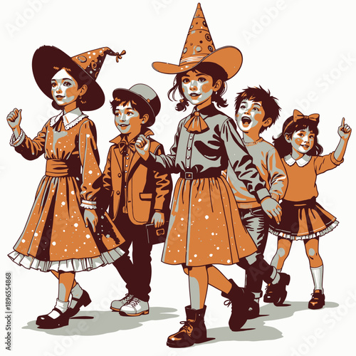 Happy children in colorful costumes enjoying a festive parade with hats and cheerful expressions, capturing innocence and joy in a playful celebration