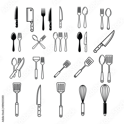 Kitchen cutlery and utensils icons in simple line style for cooking and recipe design