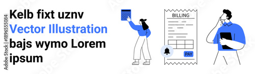 Finance, payments, digital apps, notification systems, documentation, productivity. A bill with a payment option, a person holding a tablet and a digital notification. Finance and payments concept