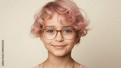 Image of a short-haired girl with glasses and pink hair