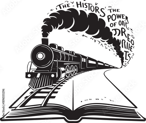 Steam train on book pages history and stories symbol